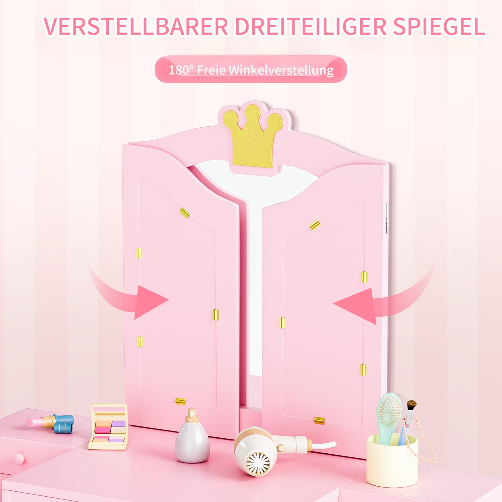 Bonnlo Schminktisch mit Hocker und Abnehmbarer Spiegel, Kindertisch mit Aufbewahrungsboxen und offenen Fächern, für Mädchen ab 3 Jahren, Rosa