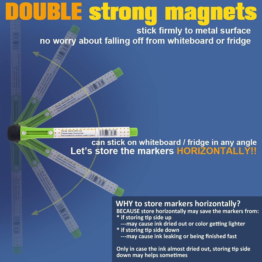 Mag-Fancy Magnetic Dry Erase Markers, Fine Point, Whiteboard Markers Build-in Eraser - 9 Assorted Colors, 9 Pack Low Odor : Office Products