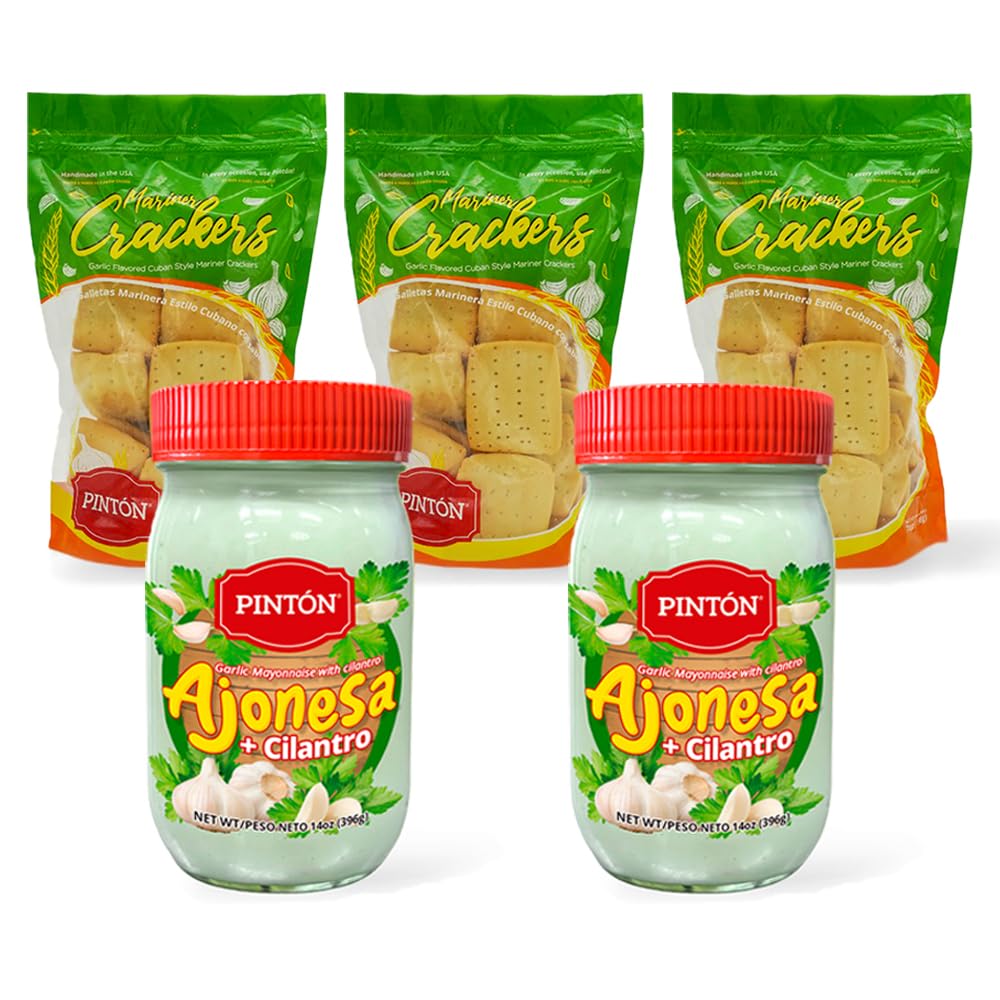 Cilantro Aioli & Garlic Cracker Bulk Pack | 5-Item Combo with 2 Jars of Creamy Garlic-Cilantro Dip & 3 Packs of Aromatic Marinera-Style Crackers | For Parties & Family Snacking | PINTON