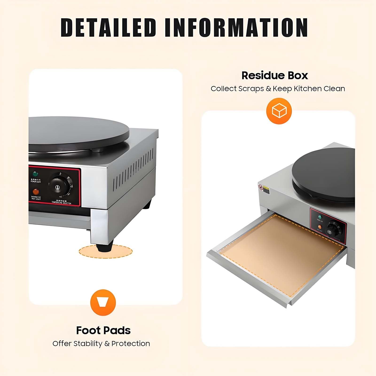 Crepera Redonda De 40 Cm -Plancha EléCtrica Para Panqueques Y Omelettes,Control Preciso De Temperatura Con Indicadores, Cuerpo De Acero Inoxidable + Placa De CoccióN De Hierro Fundido Single-head