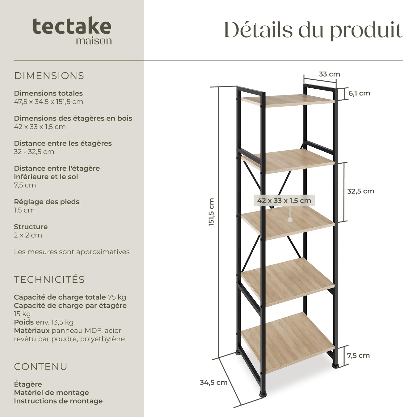 tectake® Étagère Bibliothèque Colonne Meuble de Rangement à 5 Niveaux Meuble Industriel Moderne Structure en Acier et en Bois MDF pour Rangement Bureau, Salon,Cuisine, Chambre, Dressing
