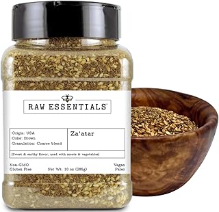 Raw Essentials Za'atar Seasoning Blend – Savory and Earthy - Use to enhance Manakish, Meats, and Vegetable Dishes - Non-GMO, Gluten Free, Paleo & Vegan - 9 Ounce Bottle
