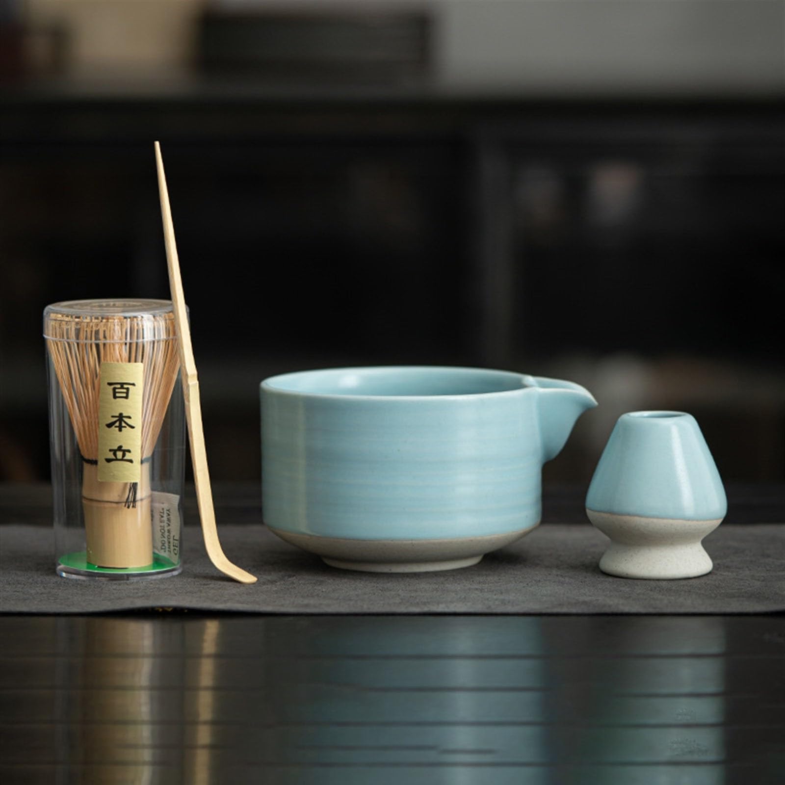 Ensemble de 4 Pièces Matcha Kit Cuillère à Café en Bambou Outils Traditionnels de Cérémonie du Thé Japonais Cuillere Matcha(Bleu)