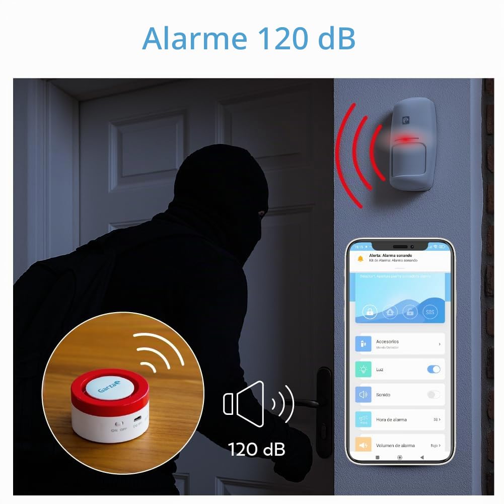 Garza - Kit Alarme Wi-FI 2,4 GHz avec caméra 1080p 360°, sirène 120 DB, capteurs de Mouvement et Ouverture Porte/fenêtre, contrôle Via app et Vocal