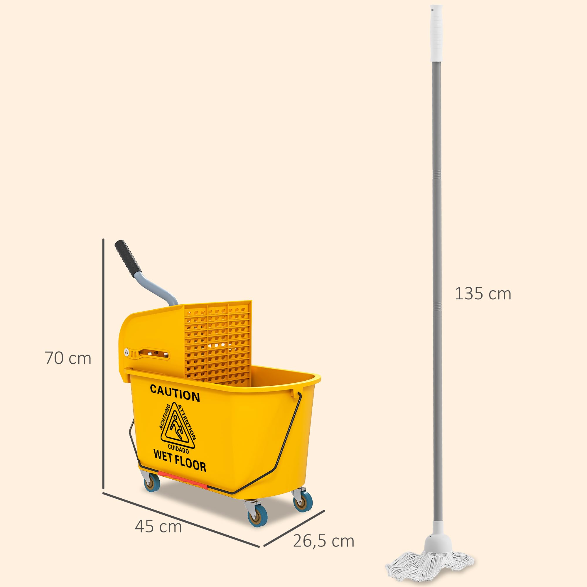 HOMCOM Reinigungswagen 20L mit Presse und Kehrgarnitur, Putzwagen Eimer mit Mopp und Rolle, Gelb