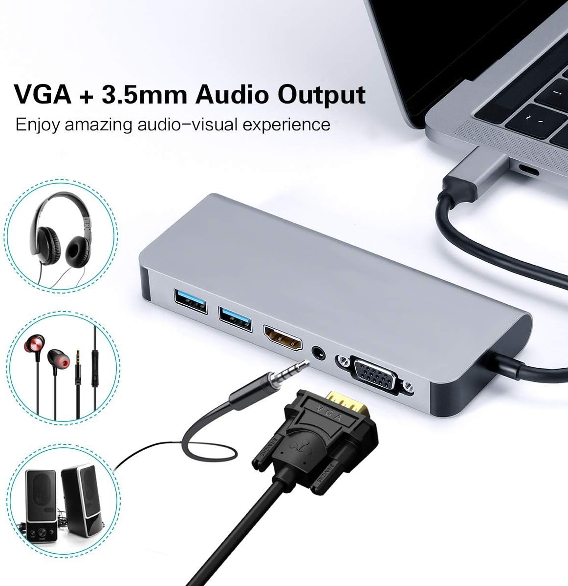 LC-dolida USB C Hub showing VGA and 3.5mm audio ports connected to a monitor and headphones.