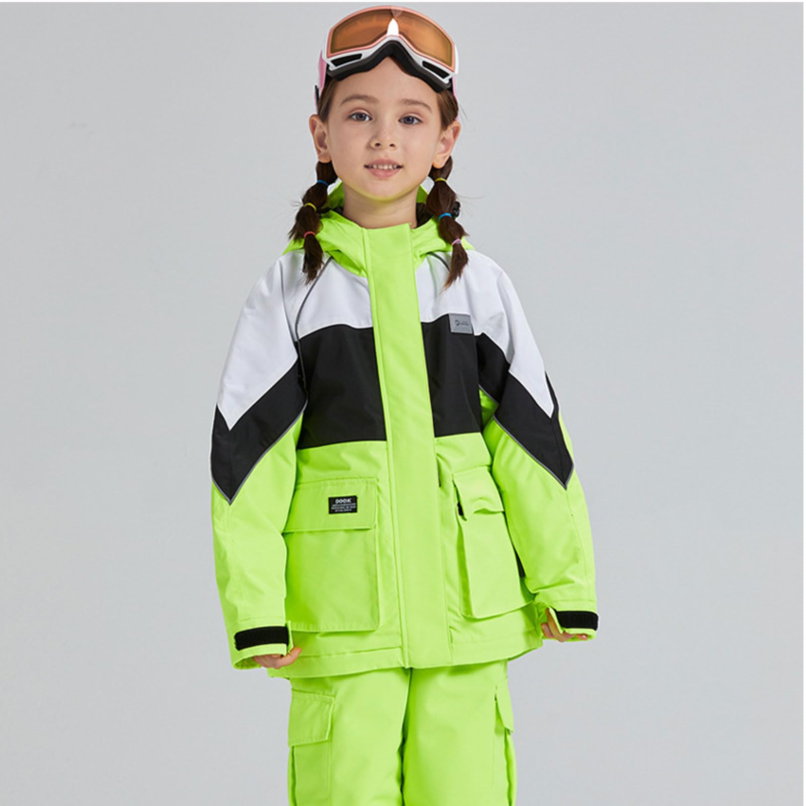 Traje de nieve infantil de 2 piezas, chaqueta de esquí + pantalones de esquí, impermeable, cortavientos, transpirable, con capucha, para niños y niñas, traje de esquí de invierno, verde neón
