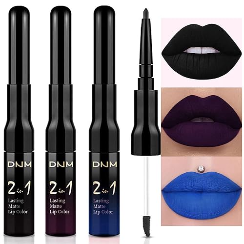 evpct Juego de 3 delineadores de labios color azul oscuro, negro y morado mate, lápiz labial líquido, brillo de labios, a prueba de manchas, 24
