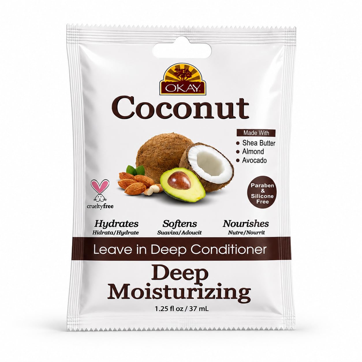 OKAY | Coconut Oil Deep Moisturizing Leave-In Conditioner | For All Hair Types & Textures | Replenish Moisture | With Shea Butter, Almond & Avocado | Free of Sulfate, Silicone & Paraben | 1.5 oz