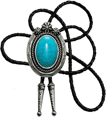 Moranse Bolo Tie with Round Flower And Gem Stone Parterre Style Genuine and Cowhide Rope