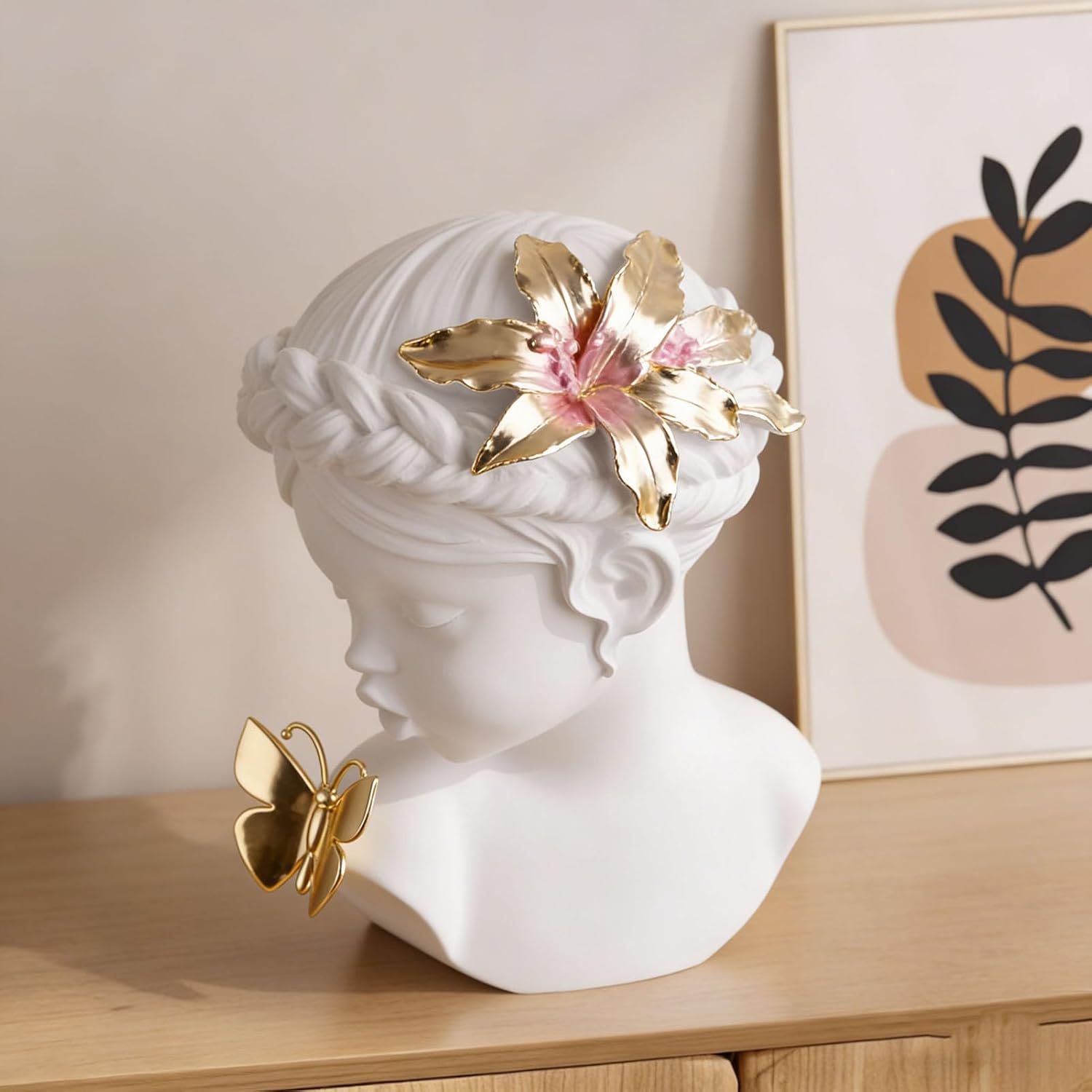 BK&MF Modern Abstract Desktop Resin Bust Sculpture, Blowing Butterfly Girl with Golden Hair Ornament Decor Art, Unique Home Decor & Gift for Her,White,17x15x24cm(7x6x9inch)