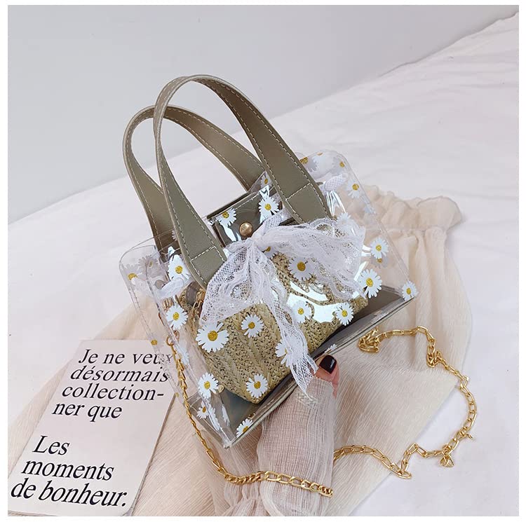 Sac de plage en paille imperméable et résistant au sable pour femme - Sac fourre-tout tissé en rotin transparent - Sac à main bohème, rose