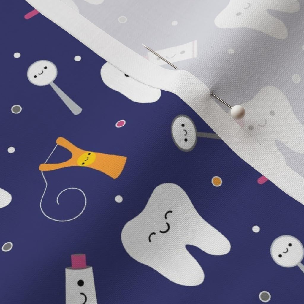 Spoonflower Fabric - Happy Teeth Royal Blue Dental Dentistry Tooth Dentist Toothpaste Floss Printed on Petal Signature Cotton Fabric by The Yard - Sewing Quilting Apparel Crafts Decor