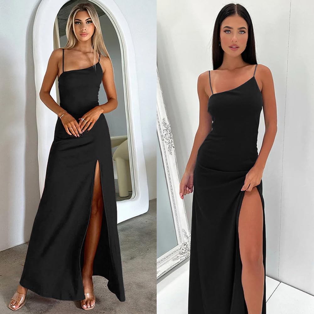 Abito Lungo da Donna Spaghetti Strap Aderente Vestito con Spacco Vestito Lungo Estate Sexy Maxi Vestito Elegante Dividere Vestiti da Cerimonia per Party Cocktail