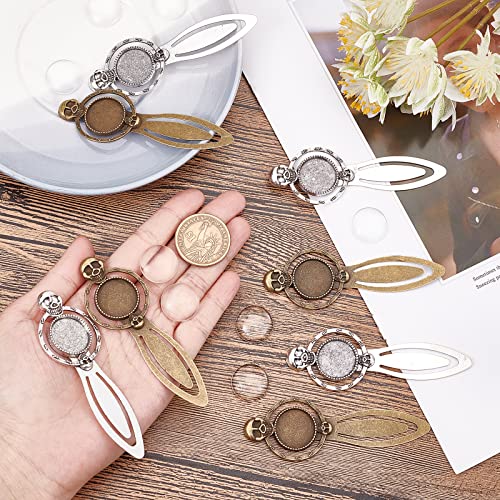 SUNNYCLUE 1 Box 16Pcs DIY 8 Sets Bookmark Pendant Tray Halloween Skull Bookmarks Skeleton Head Metal Book Mark Trays Clear Glass Cabochons Vintage Style Bookmarks for Book Lovers School DIY Craft - Image 3