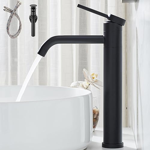 Hotis - Grifo moderno para fregadero de recipiente negro mate, 360 grifos giratorios para fregadero de 1 agujero, boquilla mezcladora de cuerpo alto