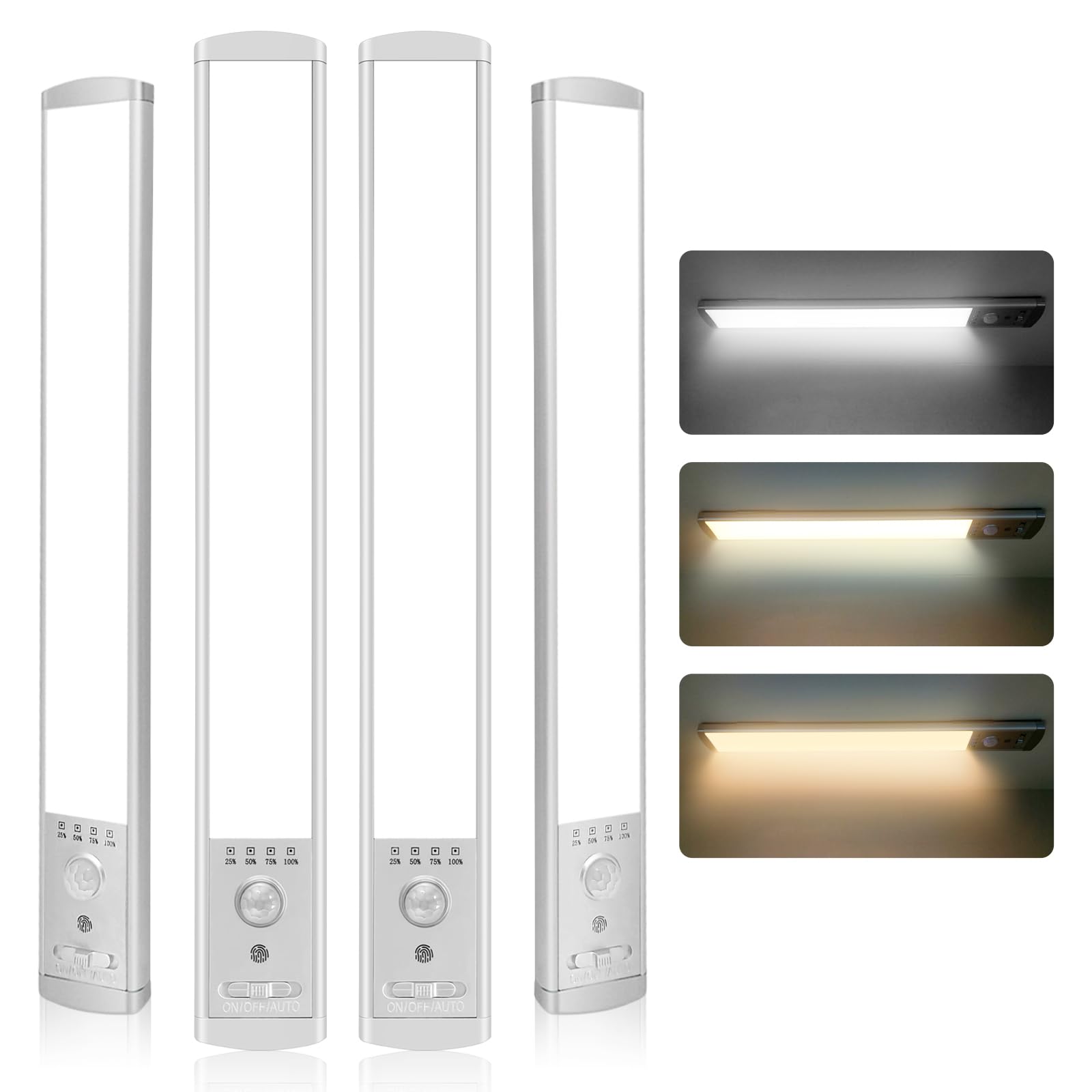 Iluminación debajo del gabinete, paquete de 4 luces con sensor de movimiento para interiores con 3 temperaturas de color, luces recargables debajo del mostrador para cocina, luces regulables de clóset