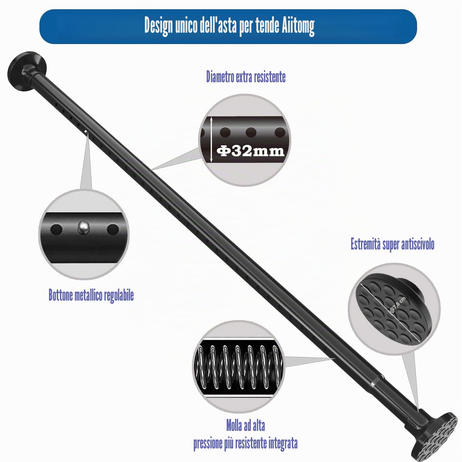 Aiitomg Asta per tende, doccia e vestiti senza fori, lunghezza 400 cm, allungabile per bagno, camera da letto, colore nero (350-405 cm Φ32 mm)