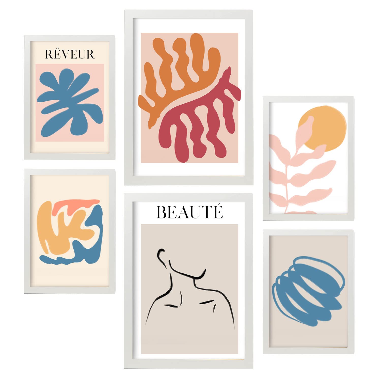 Nacnic Set of 6 Orange and Blue posters. Collection of posters in collage aesthetic for interior decoration. Sizes A3 and A4. White frame.