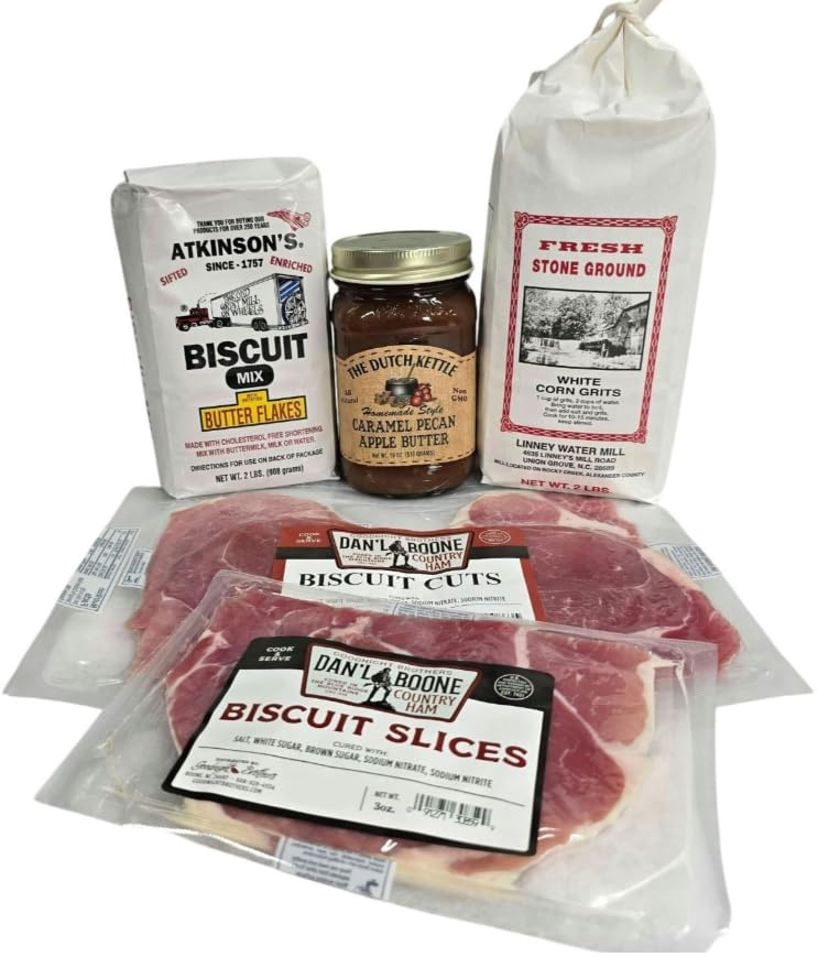 Southern Breakfast Gift Set with Stone Ground White Corn Grits, Butter Flake Biscuit Mix, Country Ham, Apple Butter