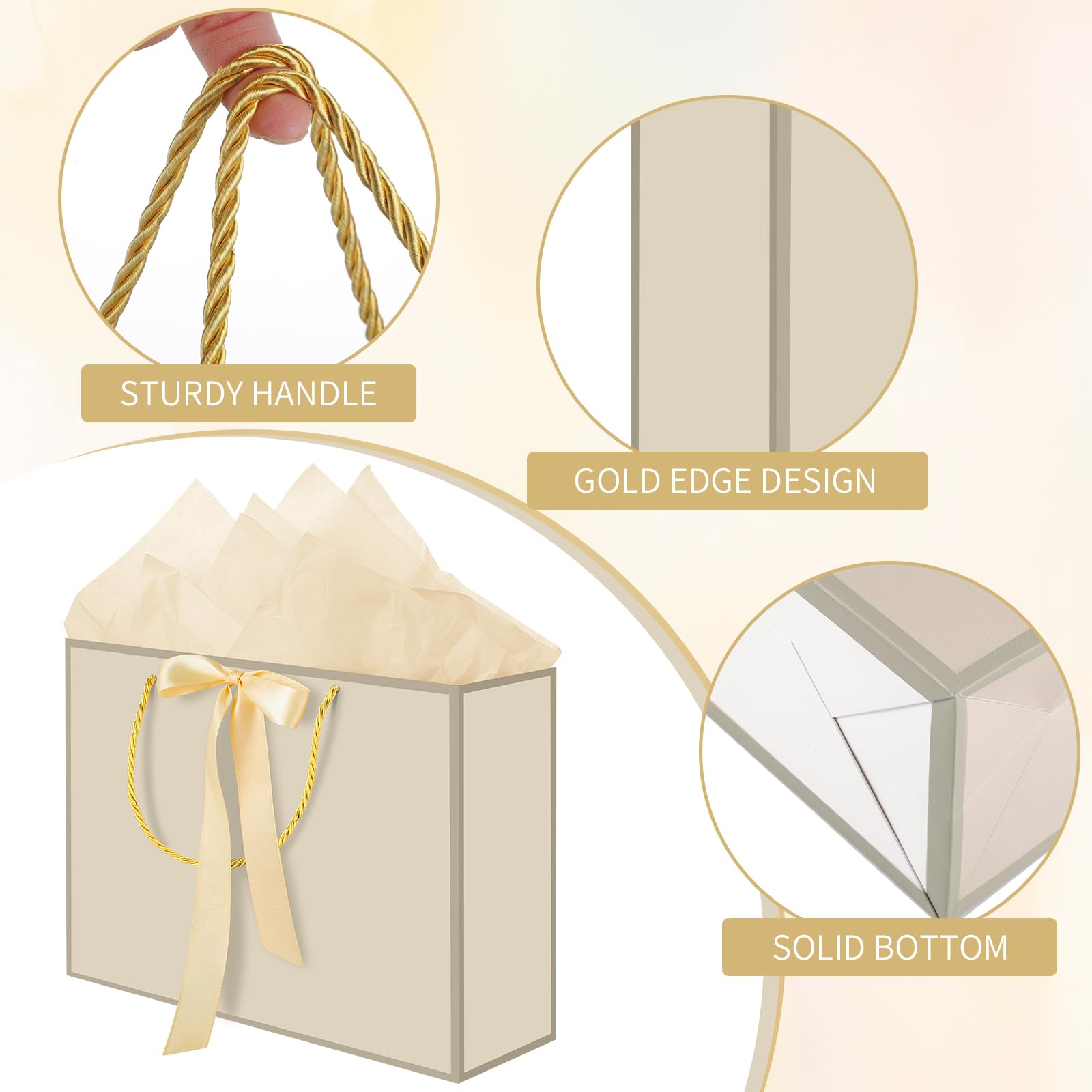 woric 2 Pcs Gift Bags with Handles, 14" Medium Gift Bag with 4 Tissue Paper & 2 Cards Gold Bag for Graduation Wedding Bridal Shower Baby Shower Birthday