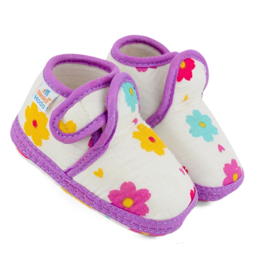 neska moda 6 To 12 Months Baby Boys & Baby Girls Skin-friendly Muslin Floral White,Purple Hook & Loop Shoe Booties-BT5553-picture-18