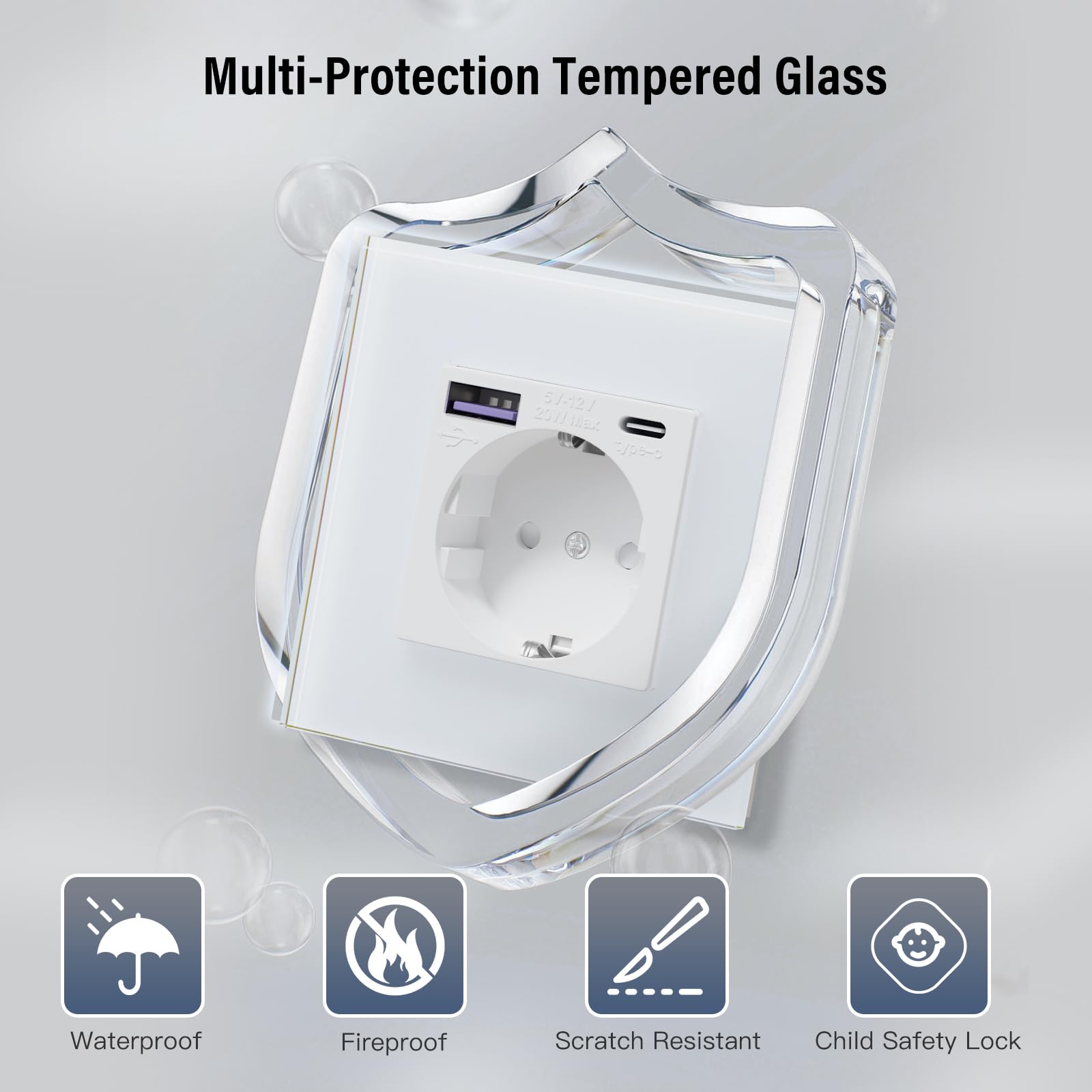 BSEED Enchufe Pared con 20W USB y Tipo C,Enchufe USB C de Cristal,Carga Rápida,3 en 1，Fácil Instalación,1 Enchufe,86mm Blanco — view 4