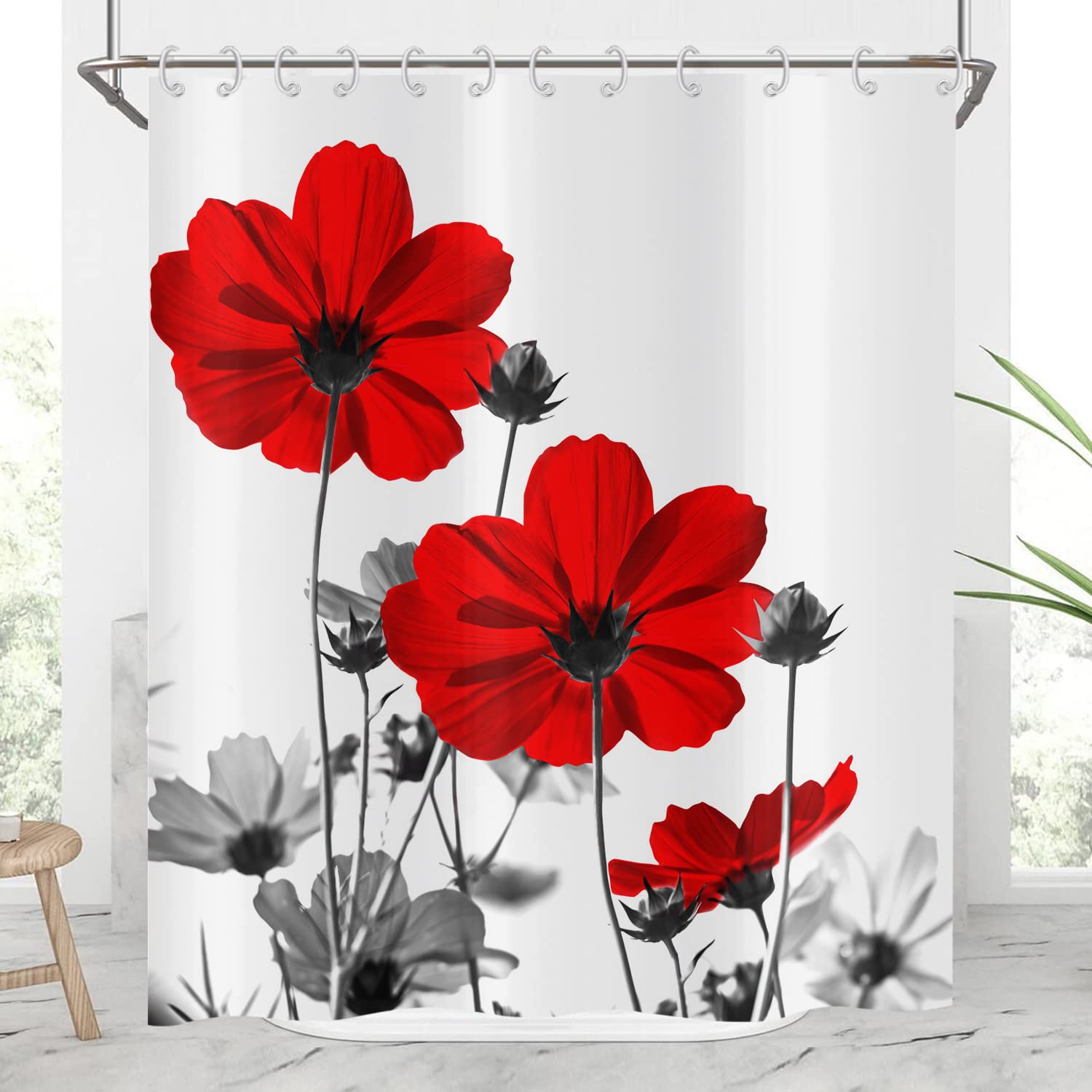 Hnmdmyi Floral Shower Curtain 180x240, Red and Grey Daisy Flower Elegant Wildflower Design Farmhouse Bathroom Curtains with Hooks Waterproof Polyester Fabric Washable Bath Curtains for Wet Room — image 1