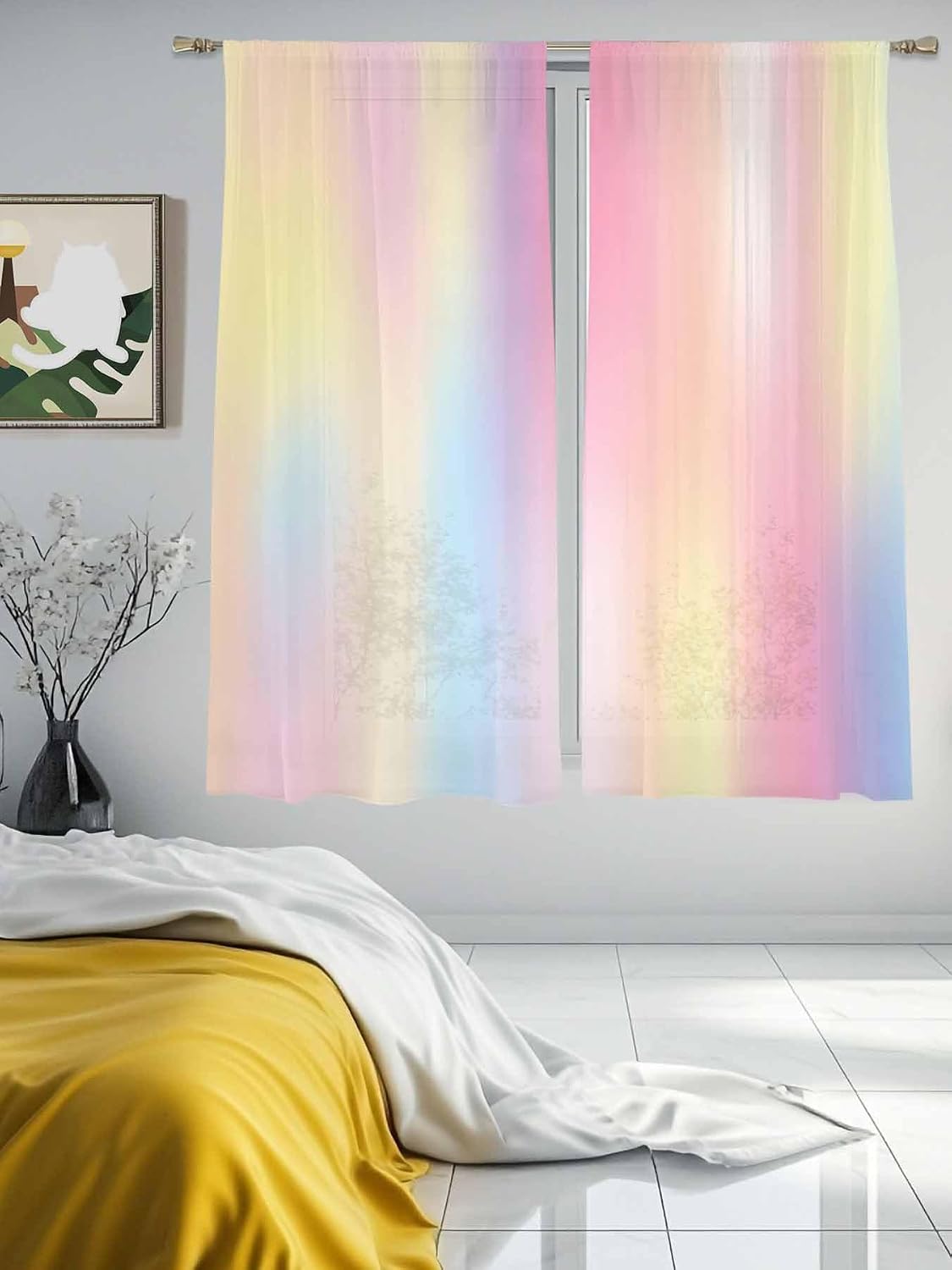 Chic D Voile Sheer Curtain Panels 72inch Length, Rainbow, Rod Pocket Semi Sheer Curtains for Bedroom, Living Room, 2 Panel Set Washable Window Curtains & Drapes, Colorful
