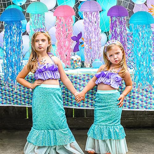 Image of 10 Inch Jellyfish Paper Lanterns 6 Pack, Hanging Decor for Under The Sea Party Decorations, Ocean Themed Birthday Supplies, Mermaid Baby Shower, Nautical Event and Classroom Decor