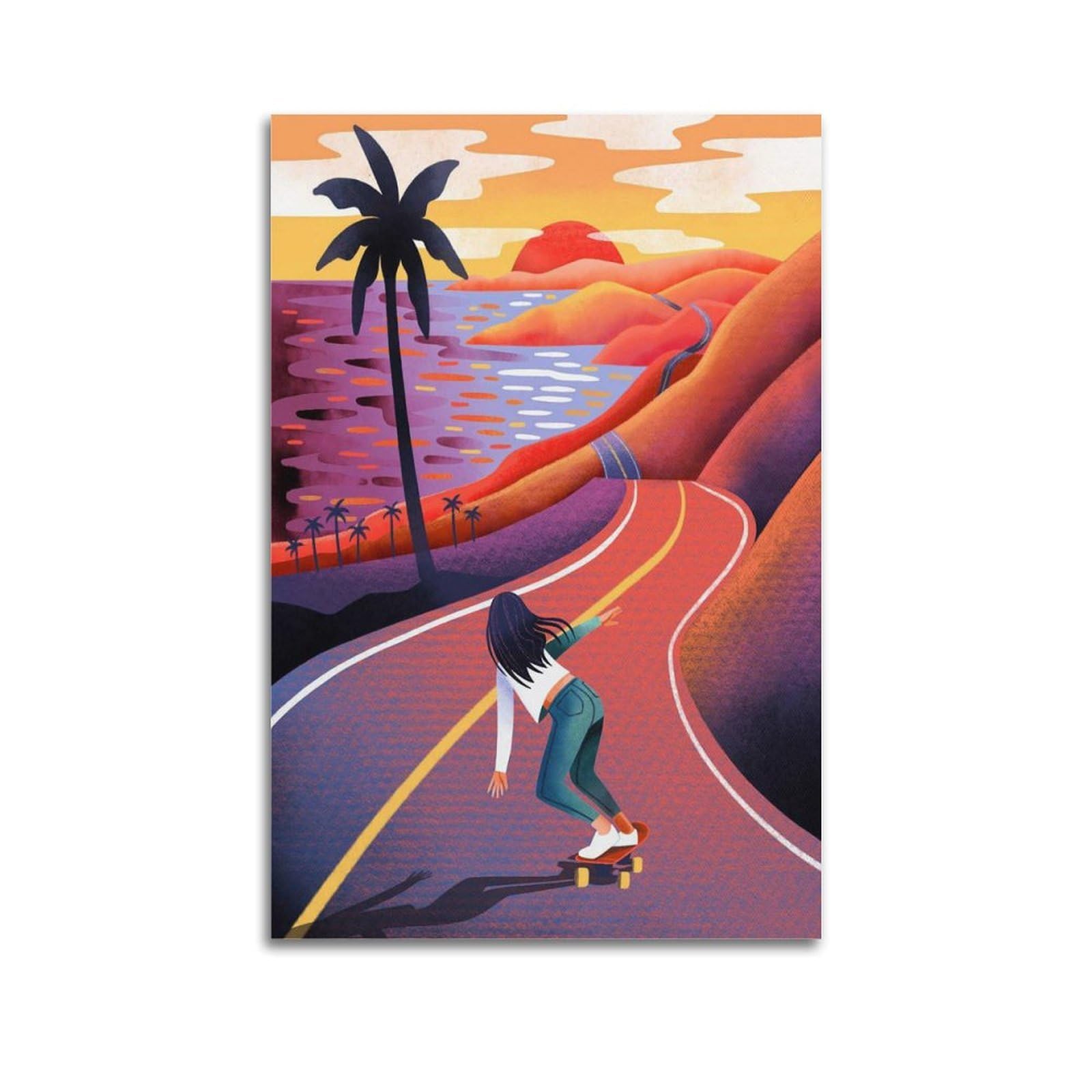 XKUGA Sunset Coastal Travel Poster Vintage Palm Trees Skateboard Modern Decorative Canvas Prints - Ideal Wall Art for Family, Man Cave, Game Room, Boys & Girls Bedroom 20x30inch(50x75cm)