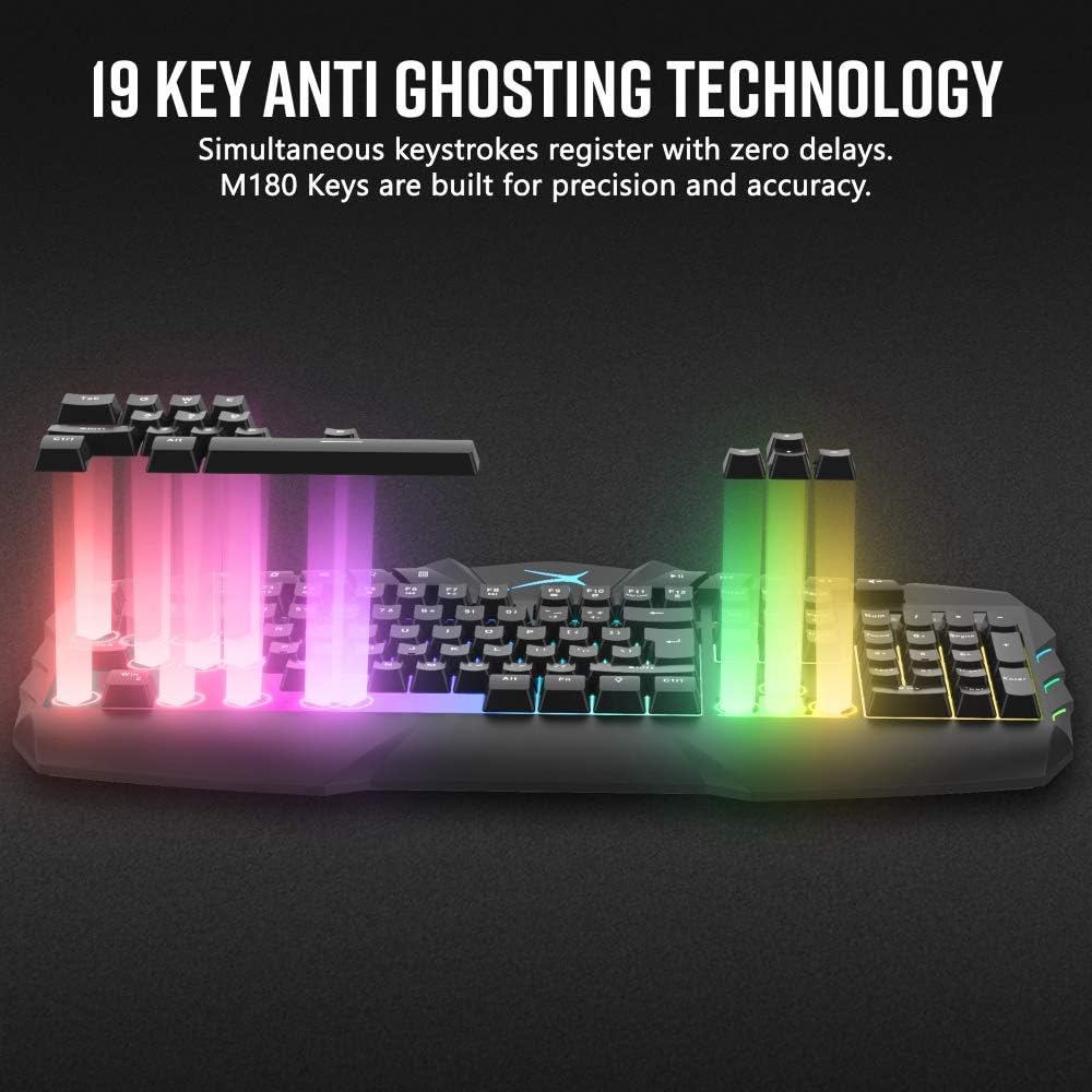 Diagram illustrating 19-key anti-ghosting technology on the Altec Lansing M180 keyboard, showing multiple simultaneous key presses registering.