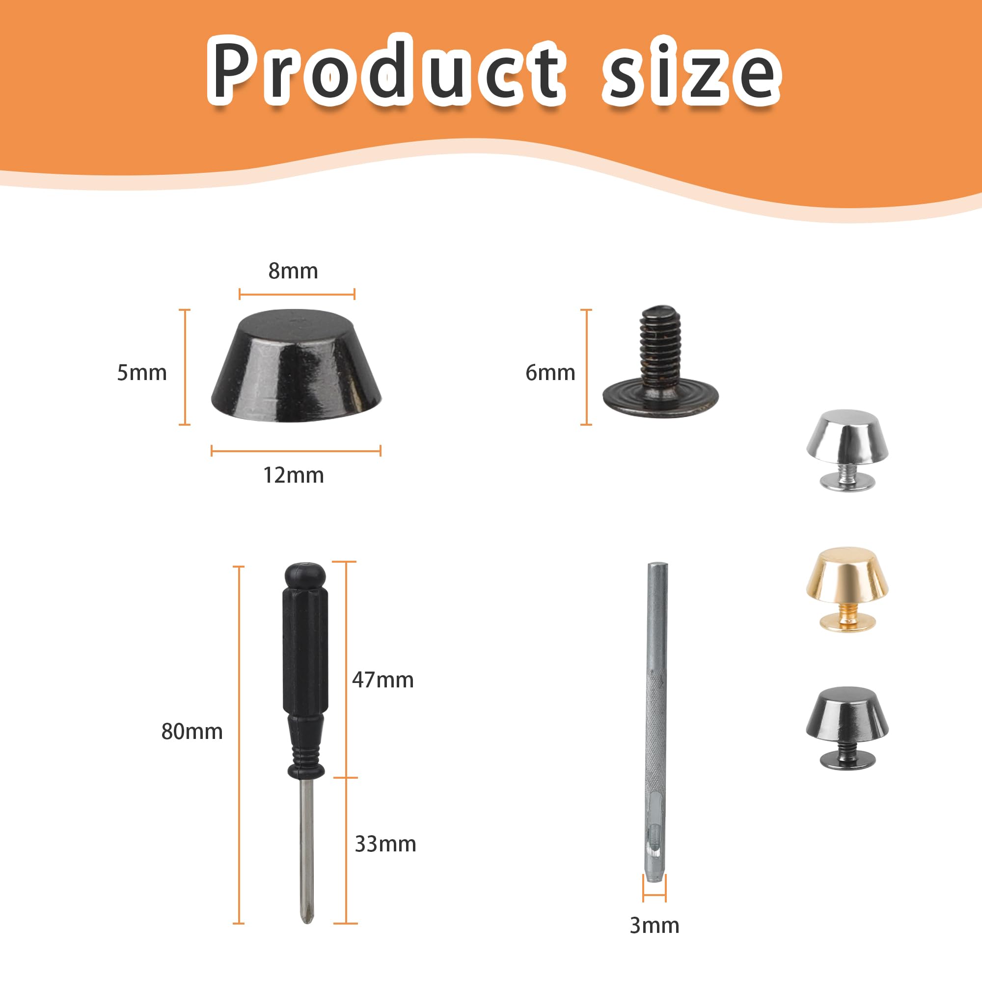 DesertBoy 62 Pezzi Piedini per Borse,Piedi Borchie,borchie decorative con Cacciavite e punzoni cavi per borse e produzione fai da te (nero, oro, argento)