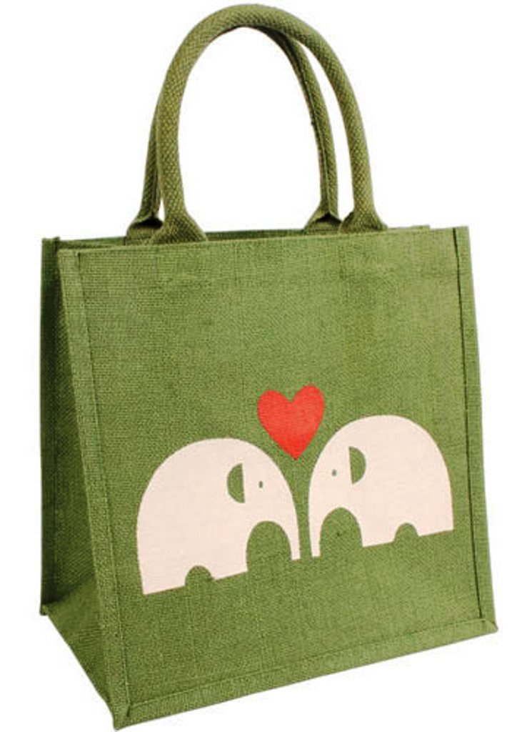 THE FAIR TRADE STORE Jute Shopping Bag in Green with Elephants Red  Heart Eco Handmade in India