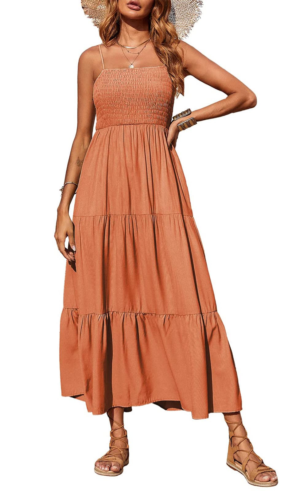 PRETTYGARDEN Women's Summer Maxi Dress 2024 Casual Boho Sleeveless Spaghetti Strap Smocked Tiered Long Beach Sun Dresses (Orange,S)