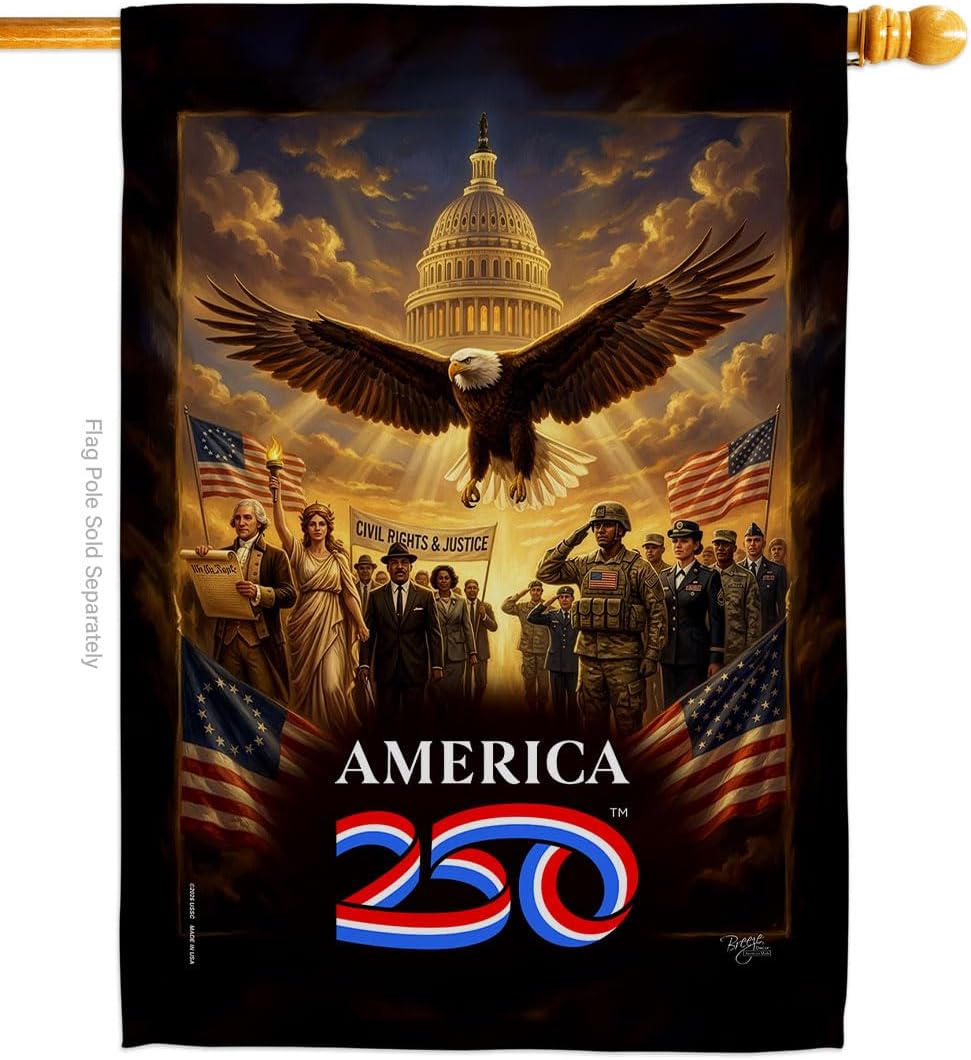 America 250 Flag Justice & Service Independence Day Wall Tapestry House Banner Official Licensed Merchandise Canvas Prints Yard Sign Textile Woven Fabric Poster USA 250th Anniversary Decoration Gift