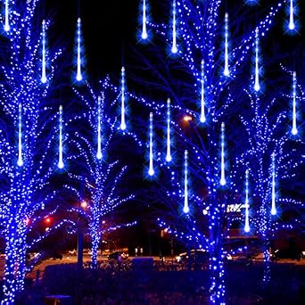 FUNPENY Meteor Shower Rain Lights, 288 LED Christmas Lights Icicle Snow Falling Halloween Light Outdoor Raindrop Light, 30cm 8 Tubes Xmas Tree Holiday Christmas Halloween Decoration, Blue