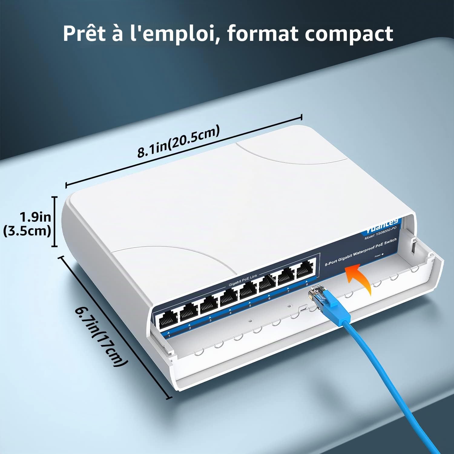 YuanLey Switch PoE Gigabit 8 Ports Ethernet D'extérieur étanche Commutateur Réseau Non Géré 1000Mbps, Alimentation Intégrée de 120W, Support IEEE802.3af/at et Plug & Play