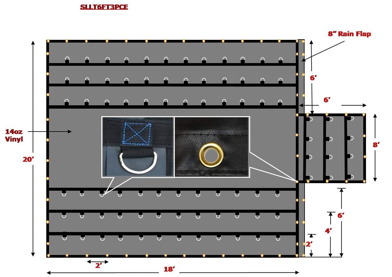 Mytee Products 20' x 18' Flatbed Truck 14 Oz Lightweight Lumber Tarp with 6 FT Drop & Flap - Black Heavy Duty Vinyl Waterproof Tarp for Trailers to Protect Cargo from Wind, Rain, Snow and Sun
