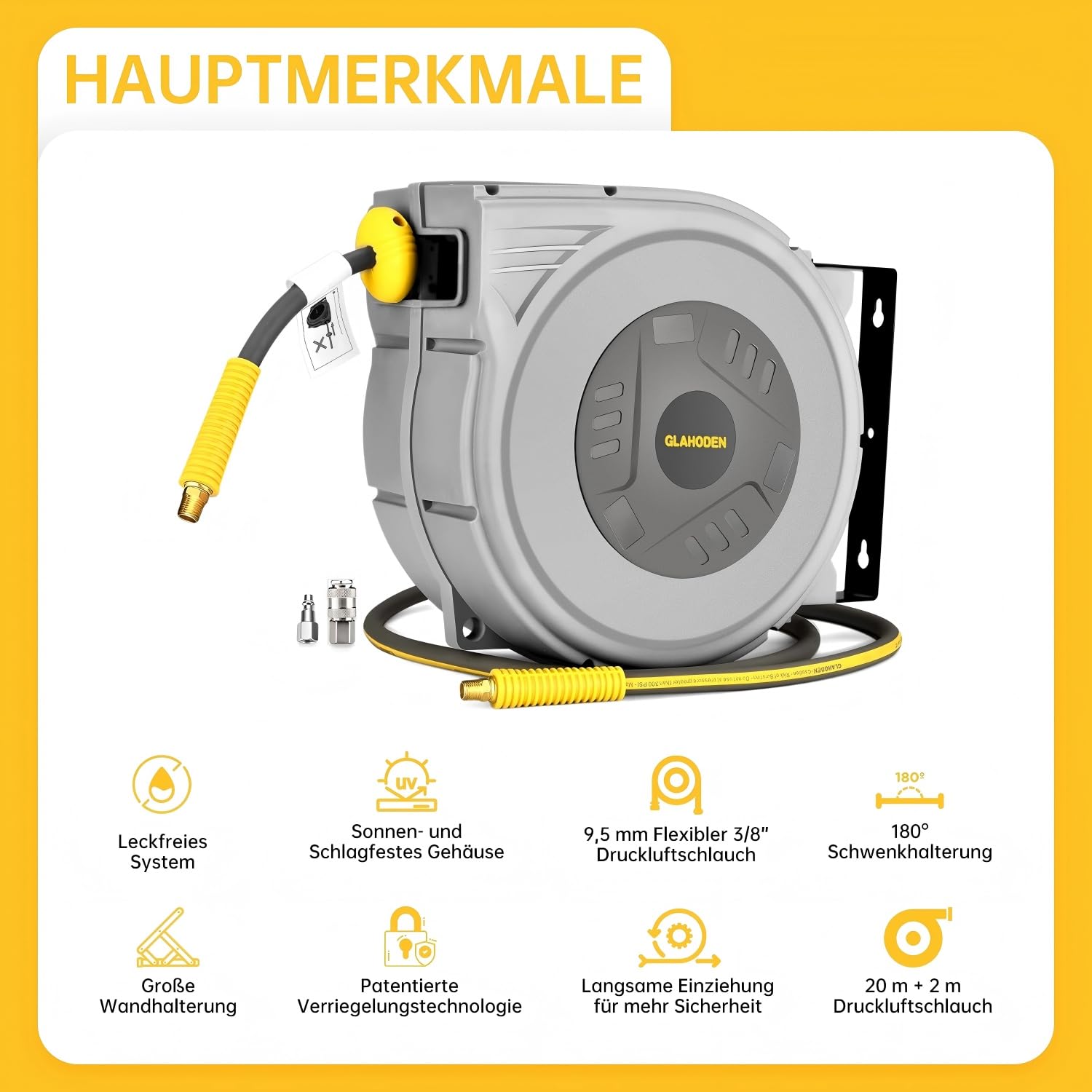 GLAHODEN Druckluftschlauchtrommel, 20m+2m, Luftkompressor-Schlauchtrommel mit 9.5mm Druckluft Schlauch Und 1/4 Zoll Anschluss(12 Bar max)