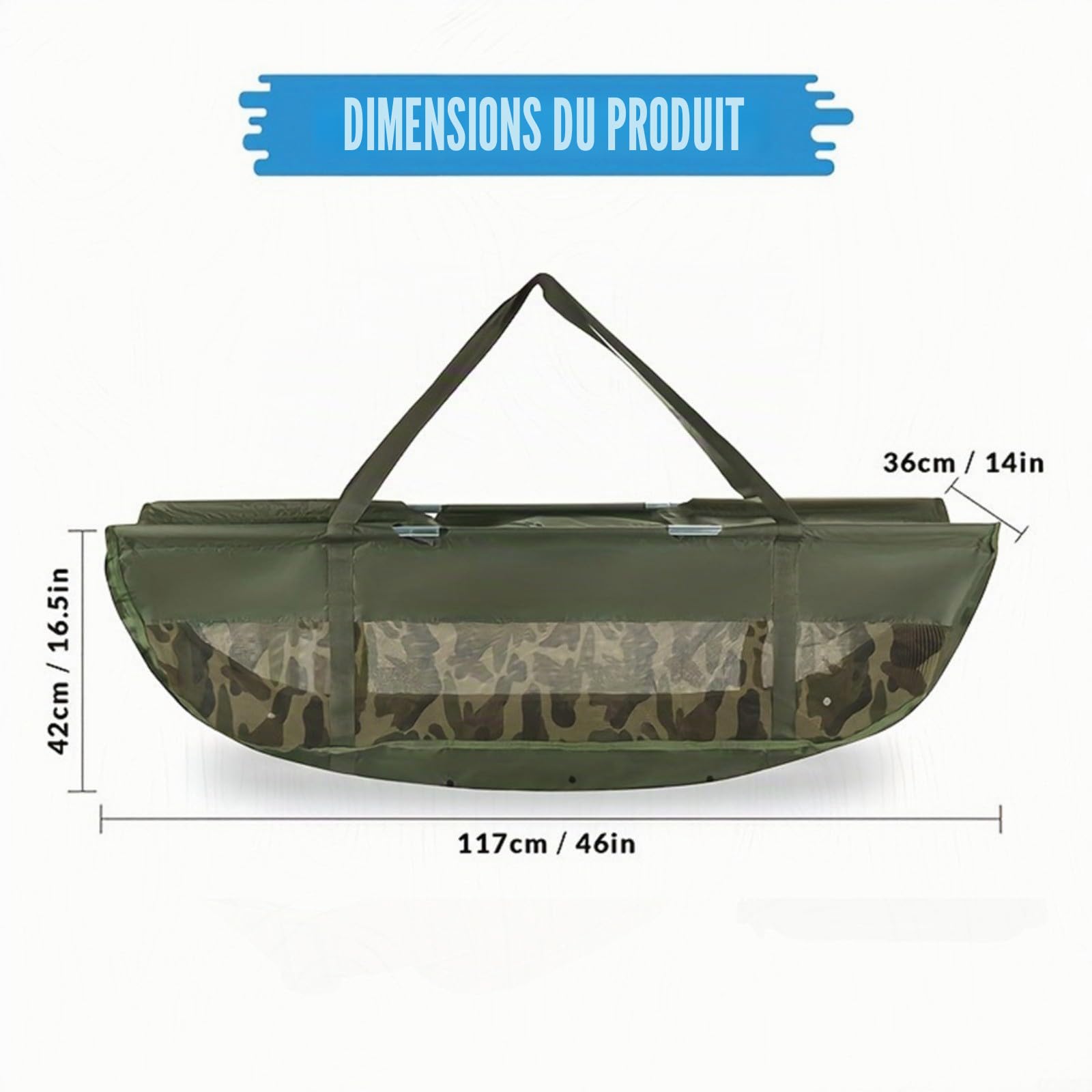 Sac de pesée pliable pour pêche à la carpe (117 x 46 x 32 cm) en maille souple pour peser la carpe