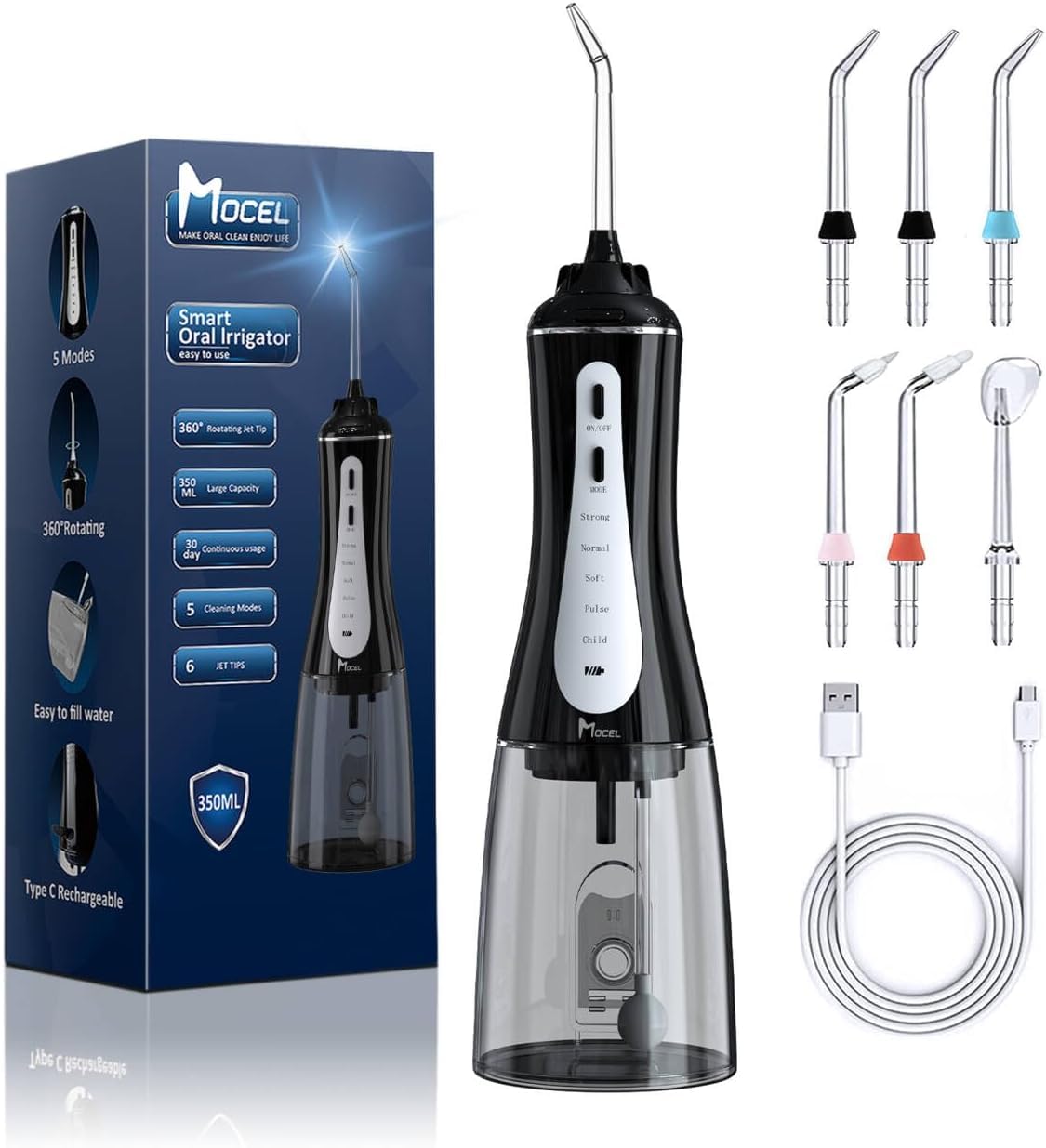 Jet Dentaire Hydropulseur Sans Fil MOCEL 5 Modes, Irrigateur Portable 350ml avec 6 Embouts Rechargeable Étanche IPX7 pour Soins Appareil Dentaire