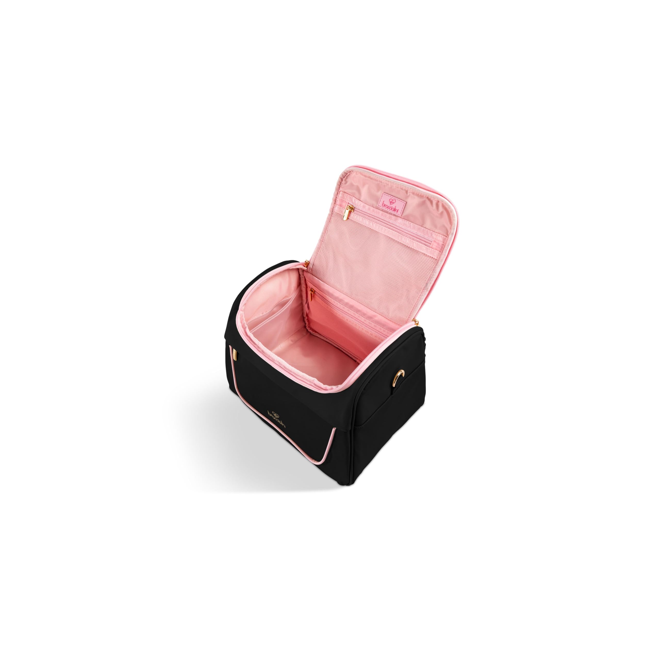 Braccialini Travel Kühn und raffiniert, das Braccialini Beauty Case aus Nylon vereint elegantes Schwarz mit Leopardenmuster, eingerahmt von rosa Einfassungen und goldfarbenen Metalldetails. Leicht und