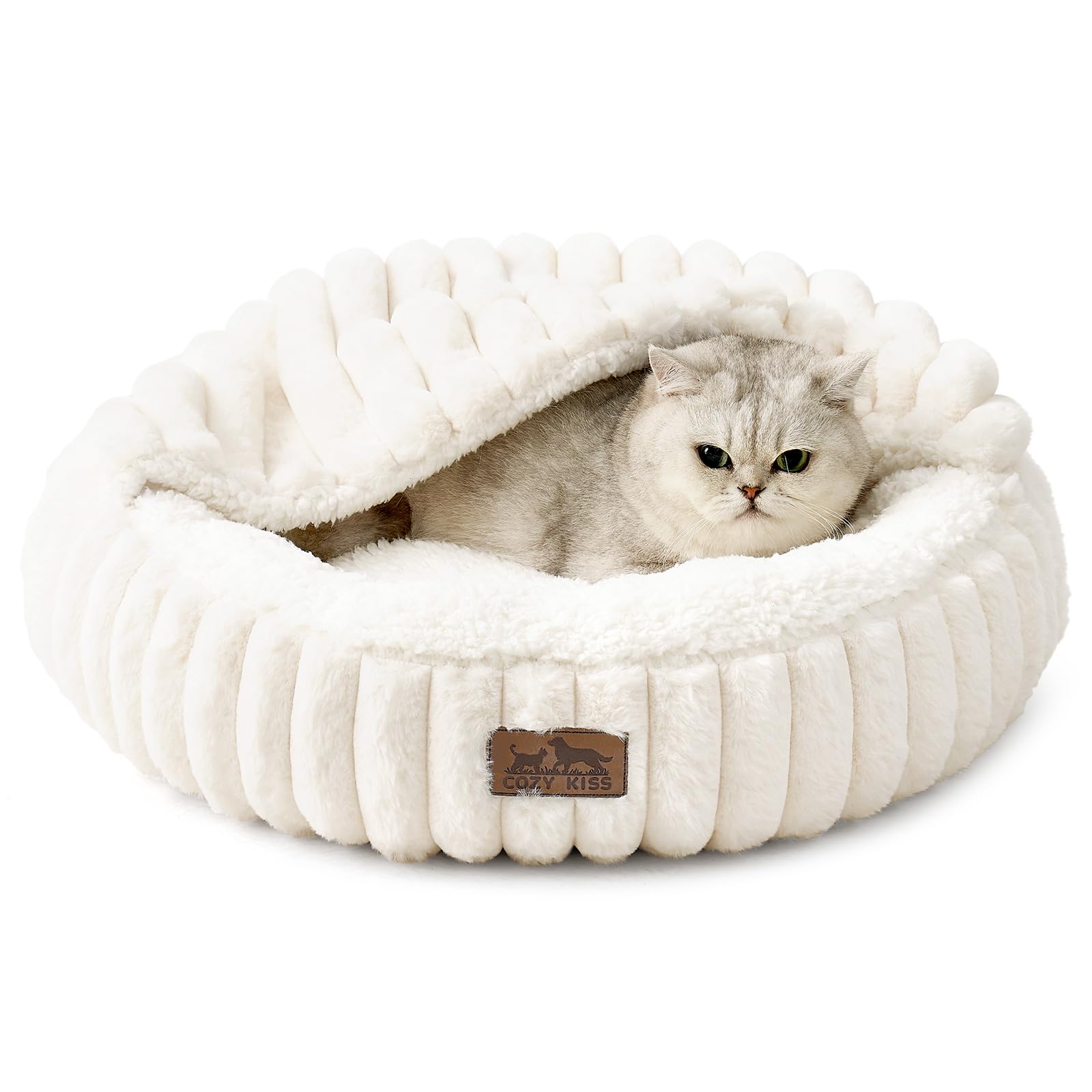COZY KISS Katzenbett mit Decke 58x58x15cm - Flauschige Katzenhöhle - Kissen, Runde kleine Hundebett mit Rutschfester Unterseite, Katzensofa mit Kopfstütze aus Kunstfell, Waschbares, Creme