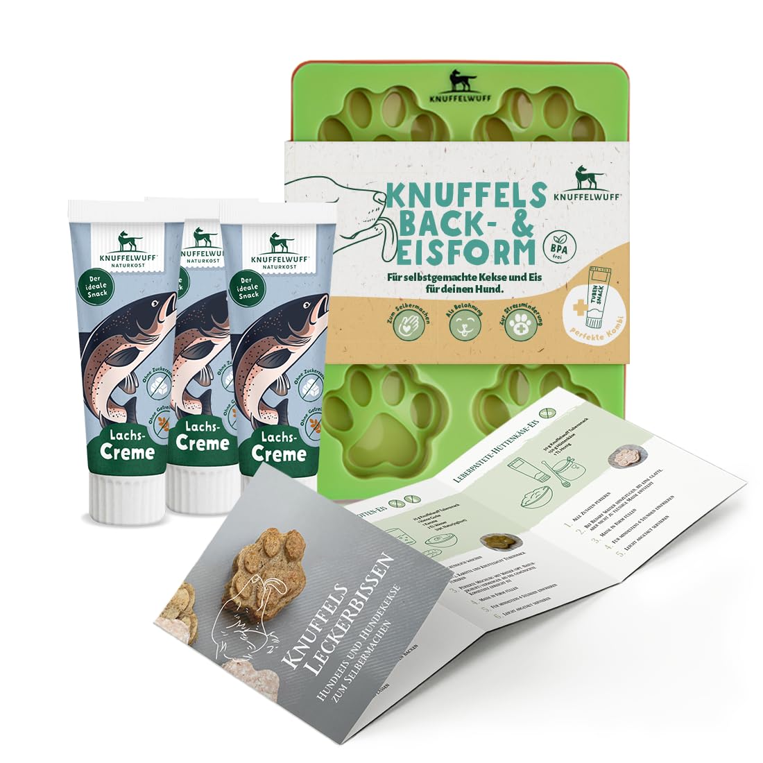 Knuffelwuff Dog Biscuits and Dog Ice Cream Set including 3 Silicone Moulds, Recipes and Tube Snack Salmon