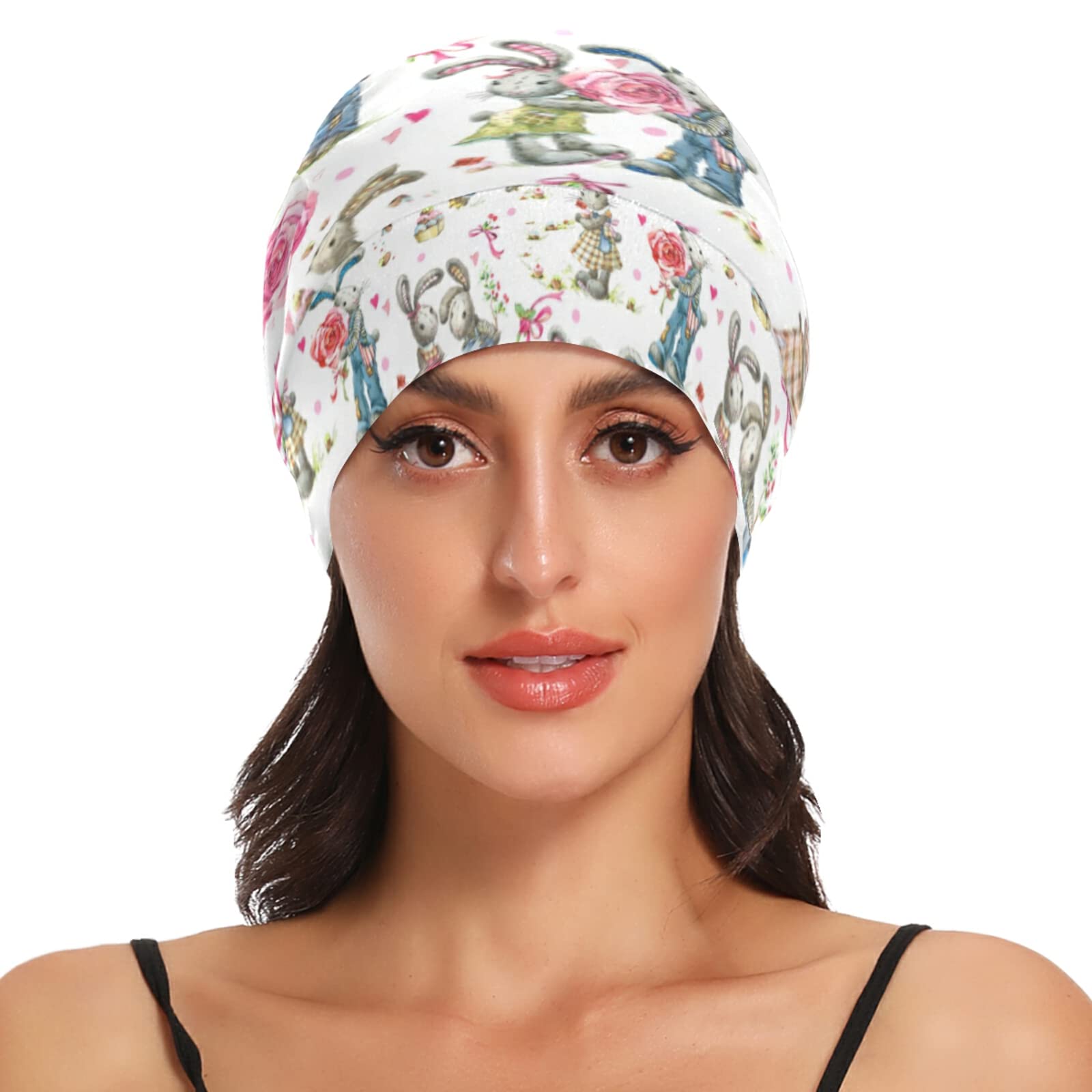 Cute Bunny Rabbit Pink Rose on White for Valentine Day Woman Silk Satin Slouchy Beanie Sleep Cap, Lightweight Cozy Soft for Hair Cover Bonnet, Night Caps Head Cover for Sleeping