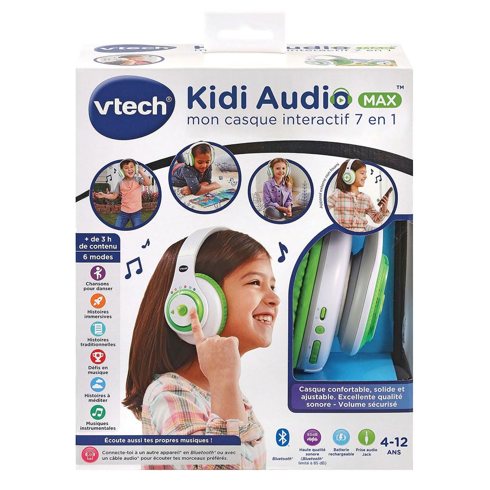 VTech - Kidi Audio Max, Mon Casque Interactif 7 en 1, Casque Audio Réglable, sans Fil, Bluetooth, Histoires, Relaxation, Chansons, Musiques, Cadeau Enfant de 4 Ans à 12 Ans - Contenu en Français