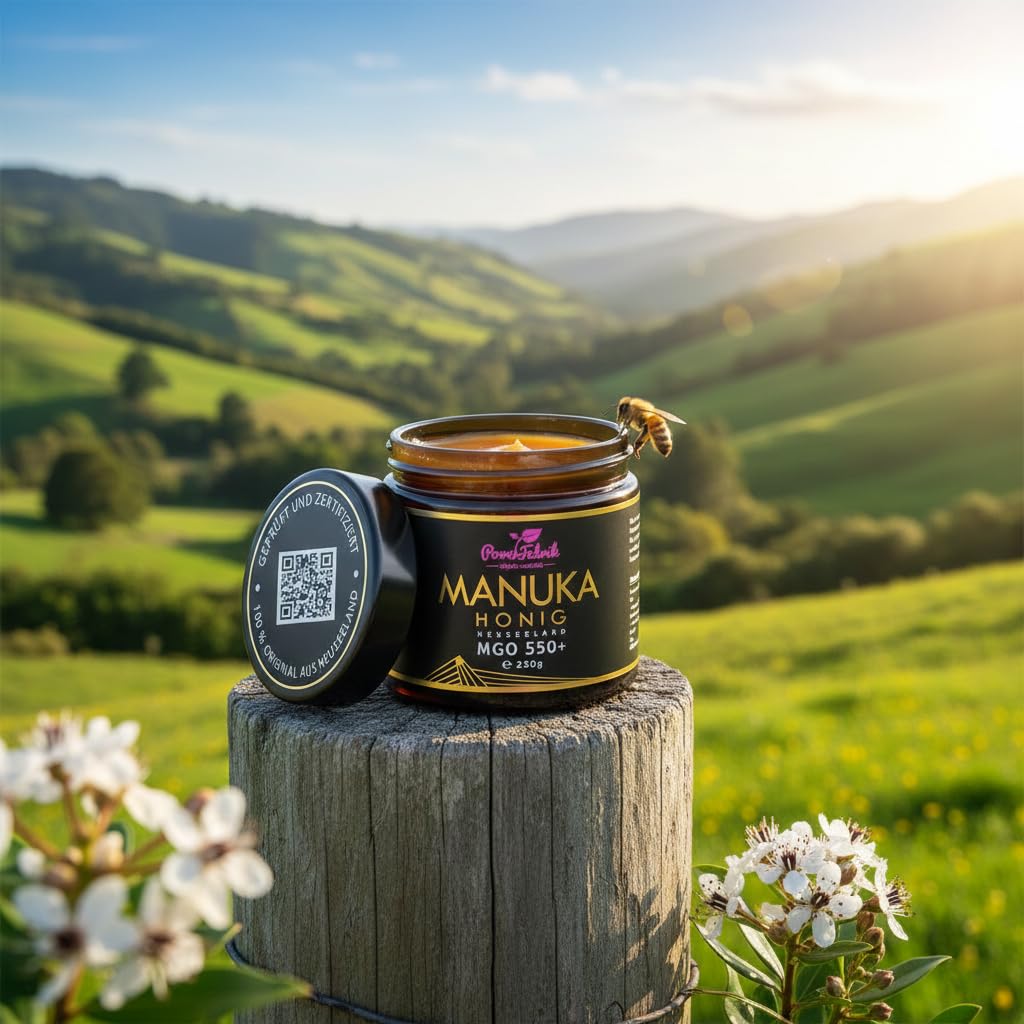 Manuka Honig | MGO 550+ | 250g | Das ORIGINAL aus NEUSEELAND | IM GLAS | PUR, ROH & ZERTIFIZIERT | Premium Qualität 100% natürlich | PowerFabrik