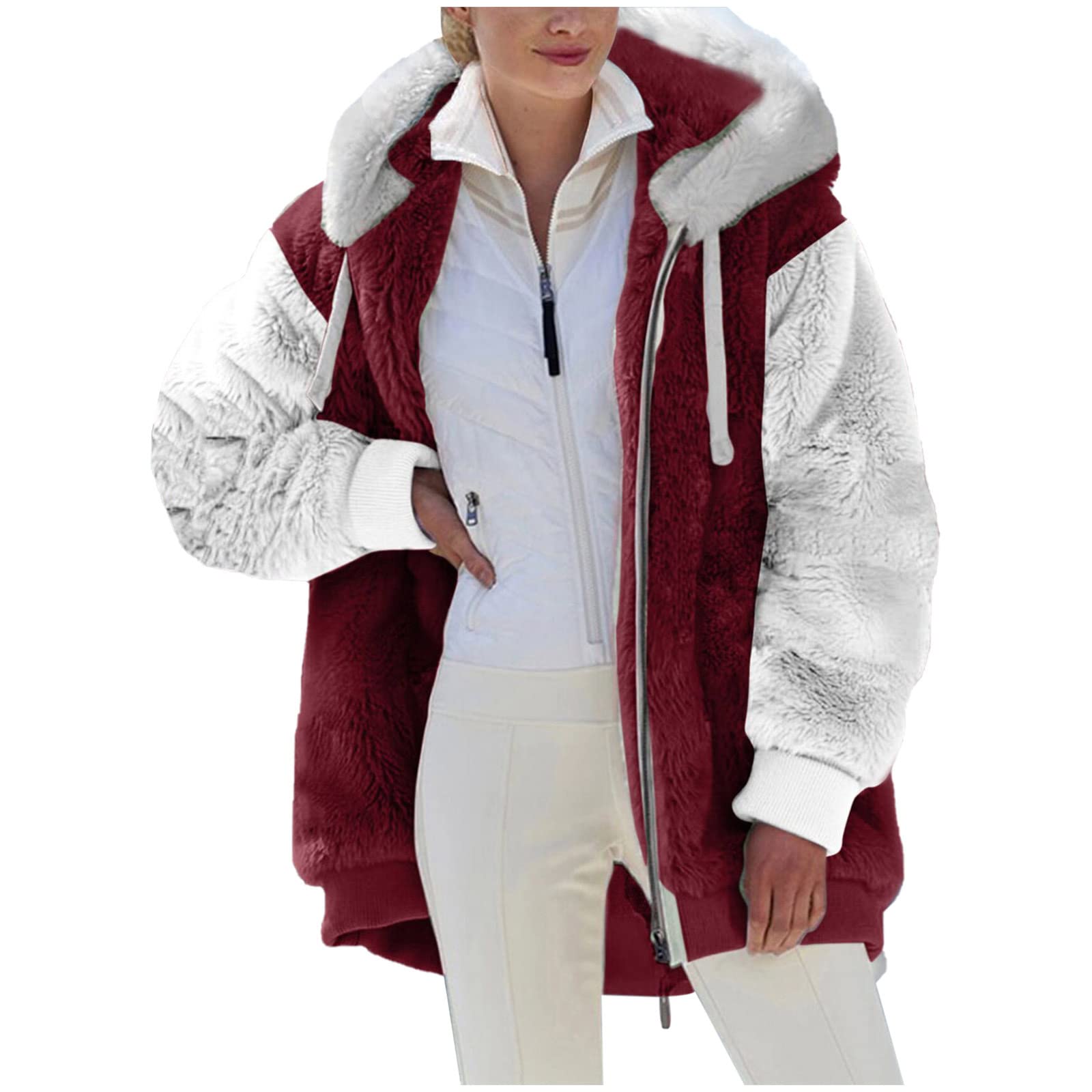 AMhomelyWomens Fuzzy Fleece Coat Open Front Hooded Color Block Cardigan Jacket Outwear with Pocket