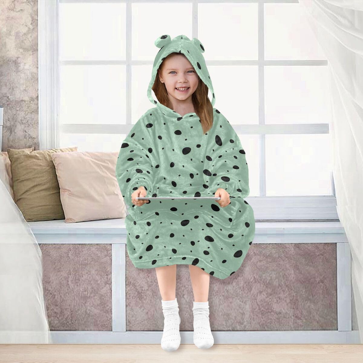 Ciemnozielony koc dziecięcy w kropki bluza z kapturem oversize bluza koc pulower urocze kropki dla chłopców i dziewcząt w wieku 3-14 lat
